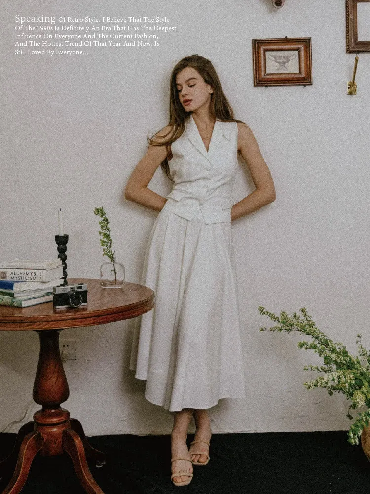 90s Retro Sleeveless White Vest and Skirt Set
