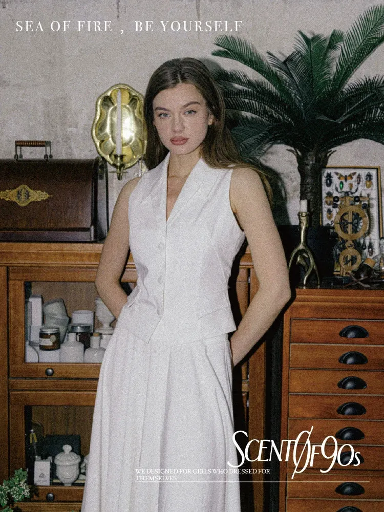 90s Retro Sleeveless White Vest and Skirt Set