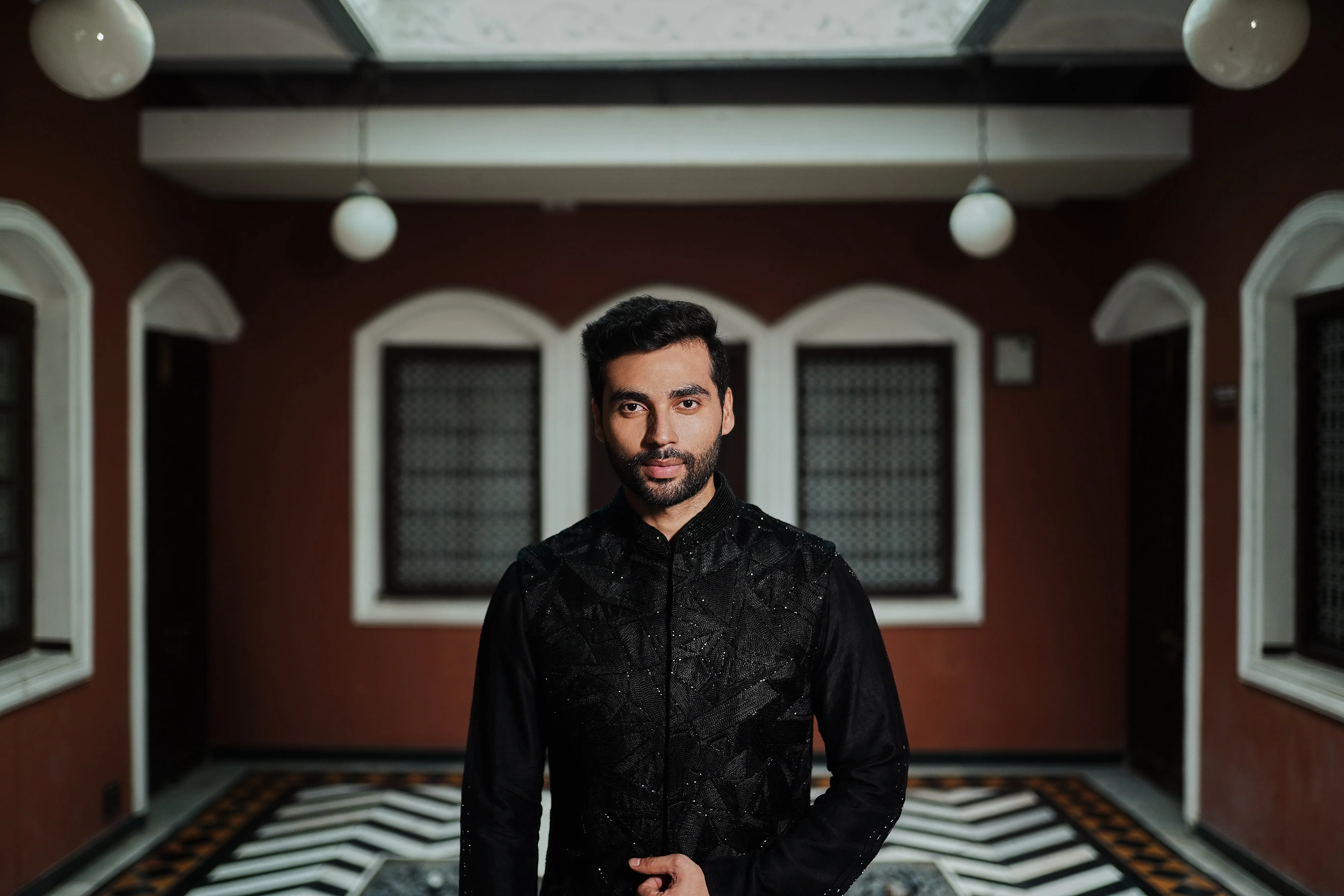 Black Long Jacket Set with Resham and Cut Dana Work