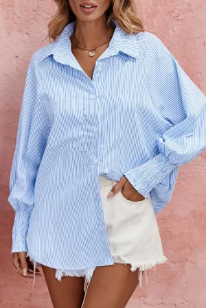 Blue & White Smocked Cuffed Striped Boyfriend Shirt with Pocket