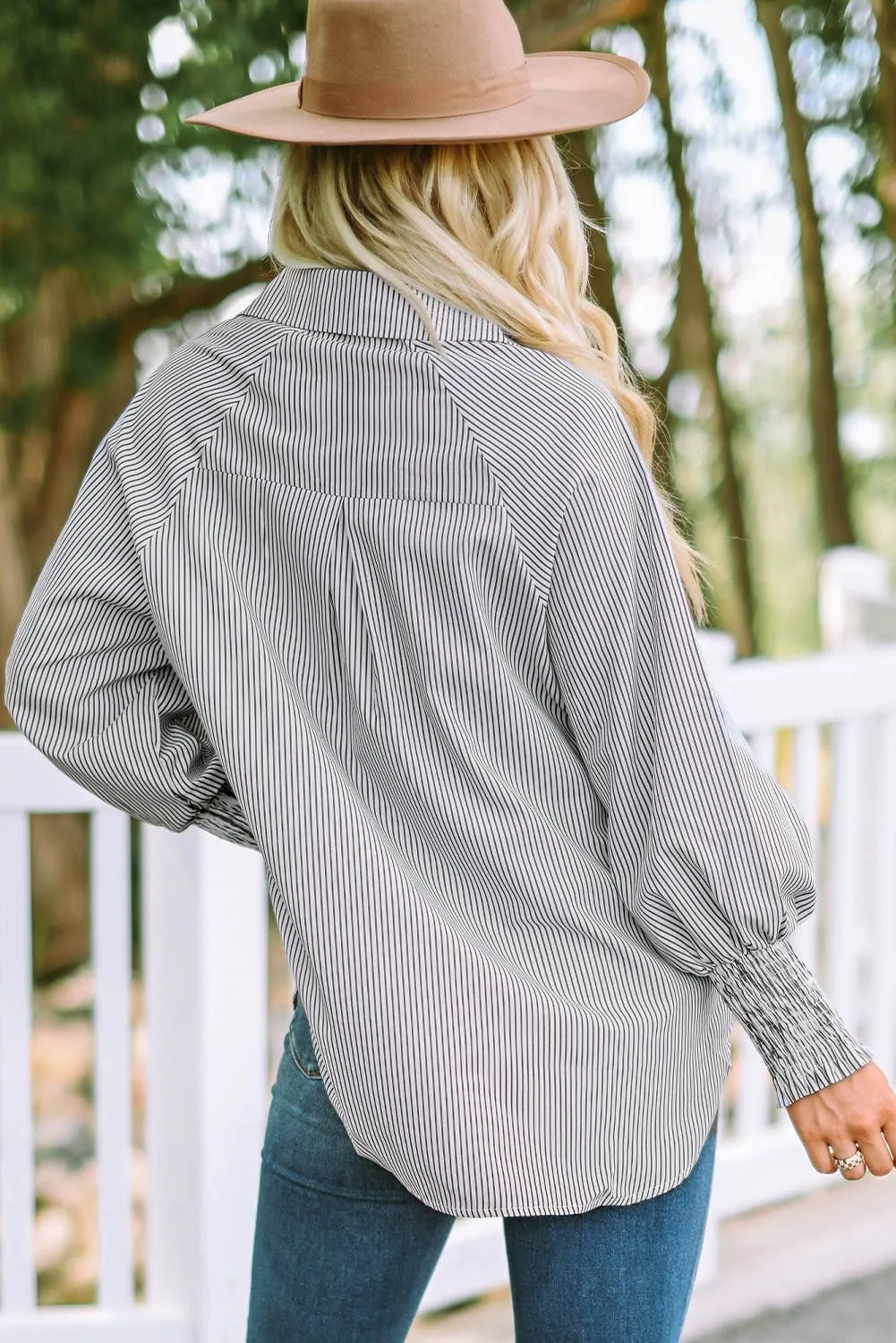 Blue & White Smocked Cuffed Striped Boyfriend Shirt with Pocket