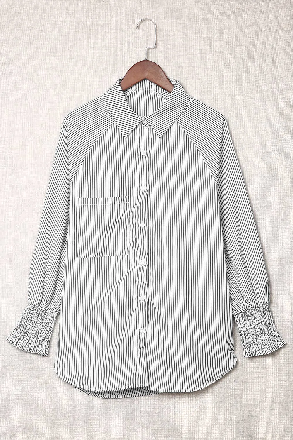 Blue & White Smocked Cuffed Striped Boyfriend Shirt with Pocket