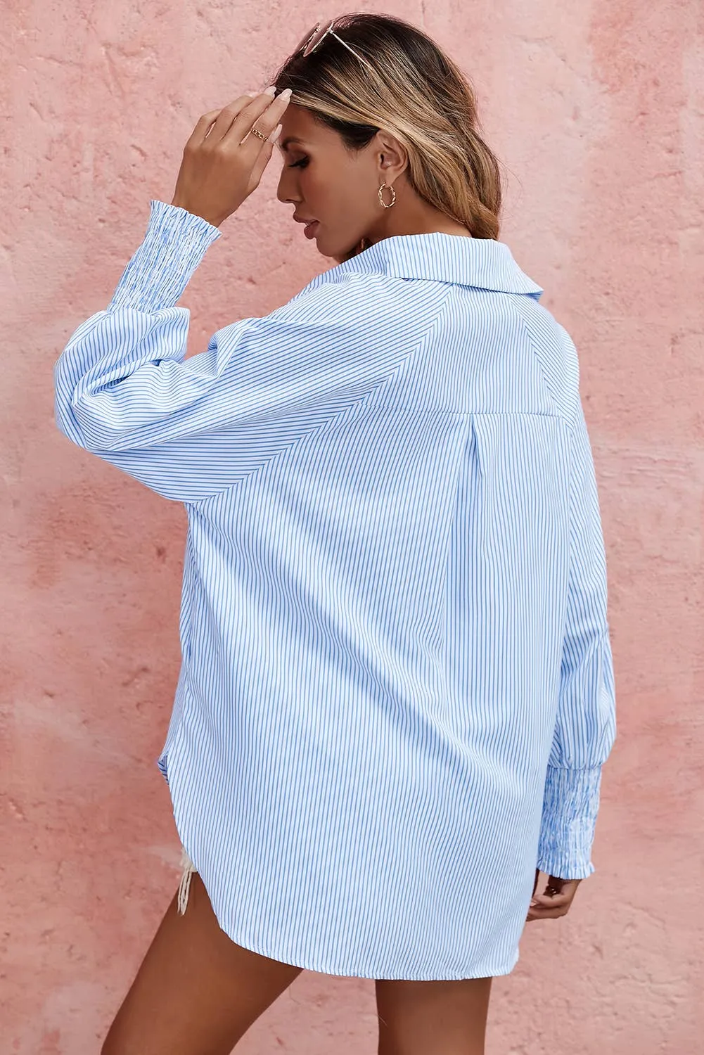 Blue & White Smocked Cuffed Striped Boyfriend Shirt with Pocket