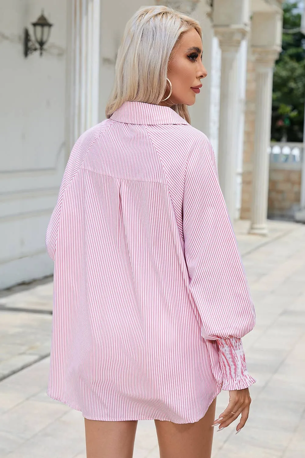 Blue & White Smocked Cuffed Striped Boyfriend Shirt with Pocket