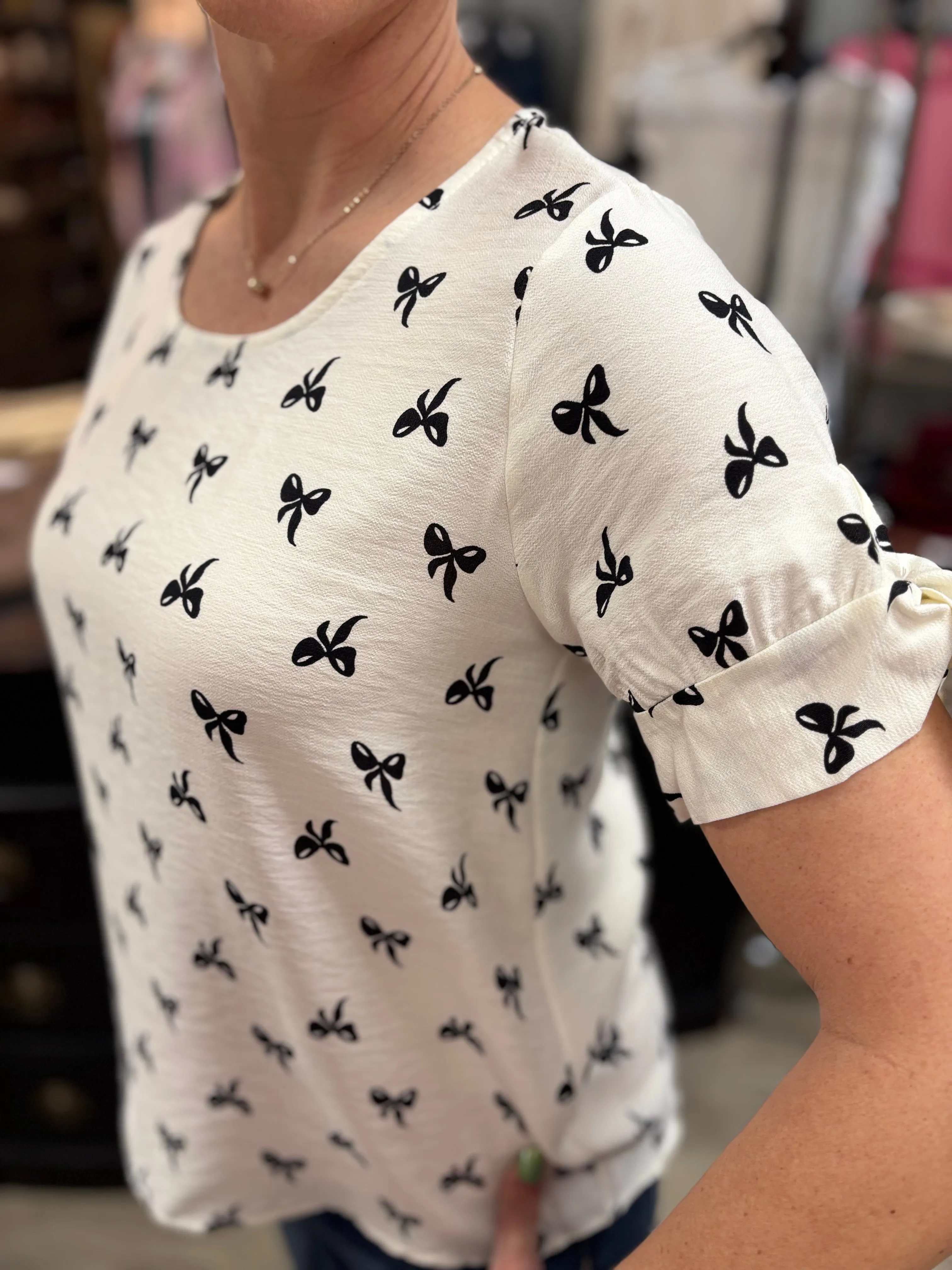 Bowtiful Printed Sleeve Tie Top