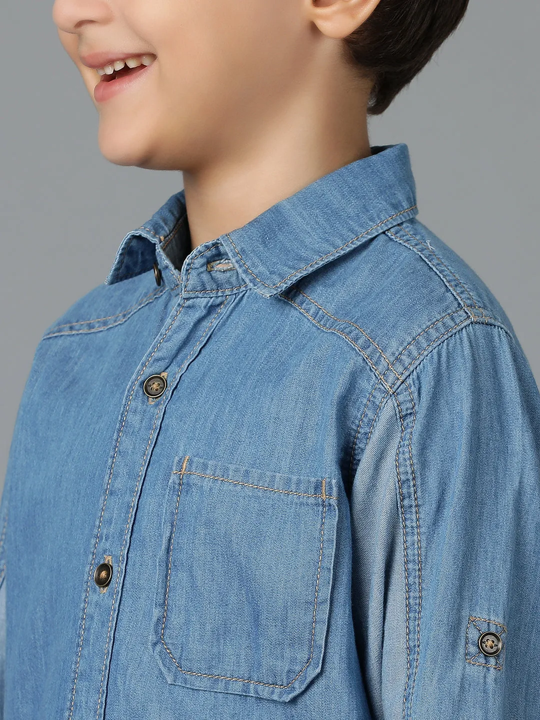 Boys Light Blue Denim Cotton Regular Fit Shirt