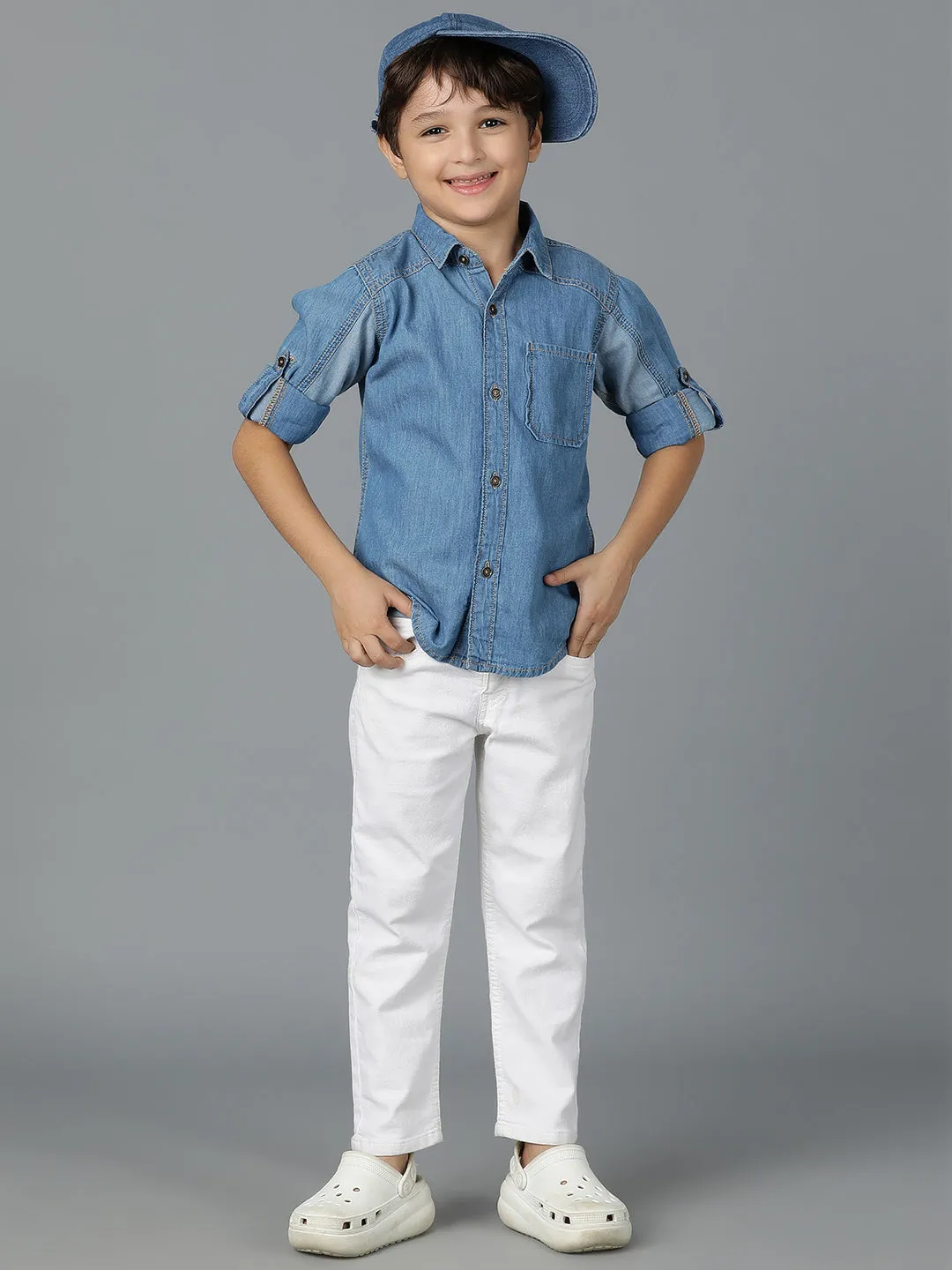Boys Light Blue Denim Cotton Regular Fit Shirt
