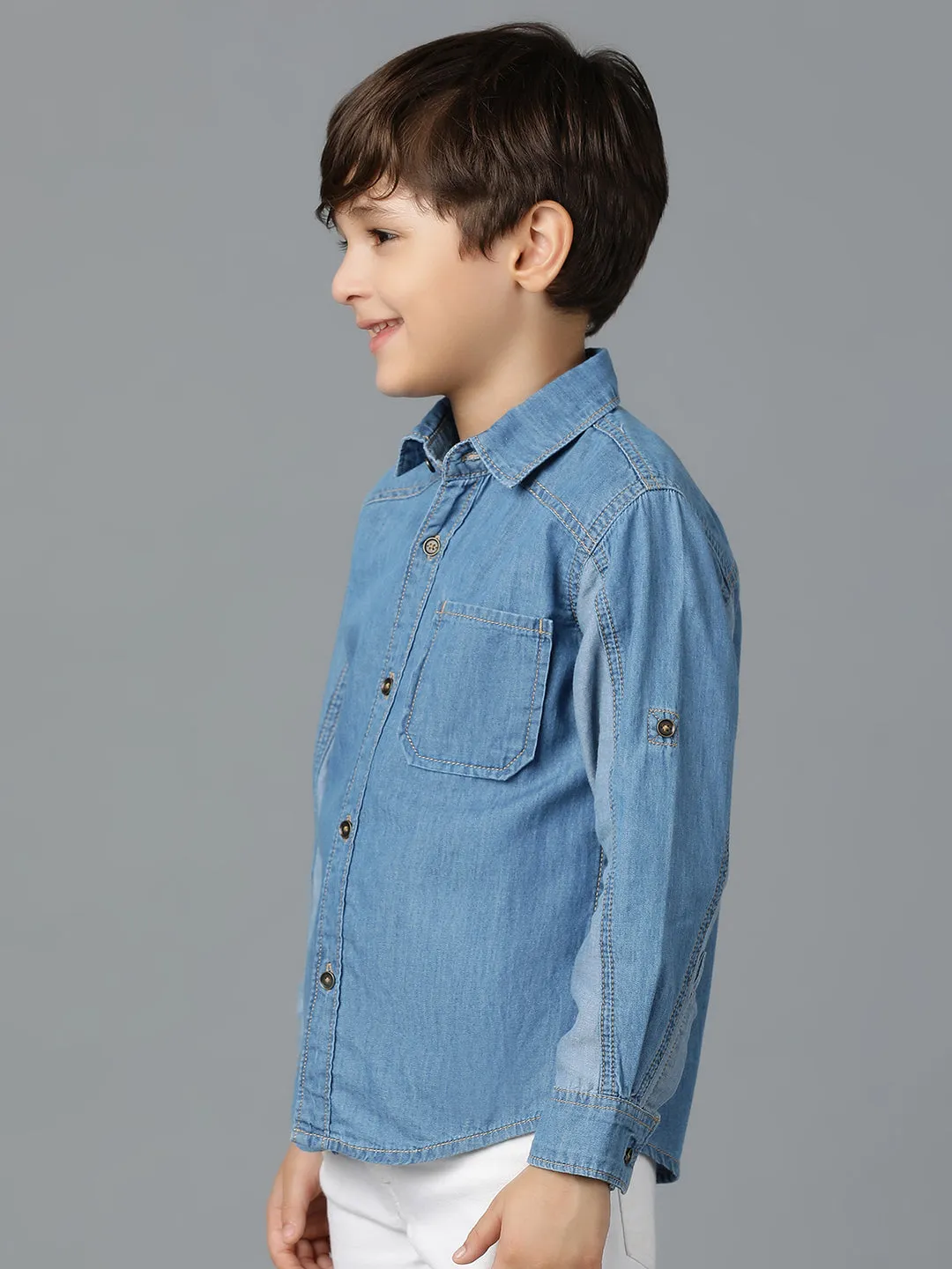 Boys Light Blue Denim Cotton Regular Fit Shirt