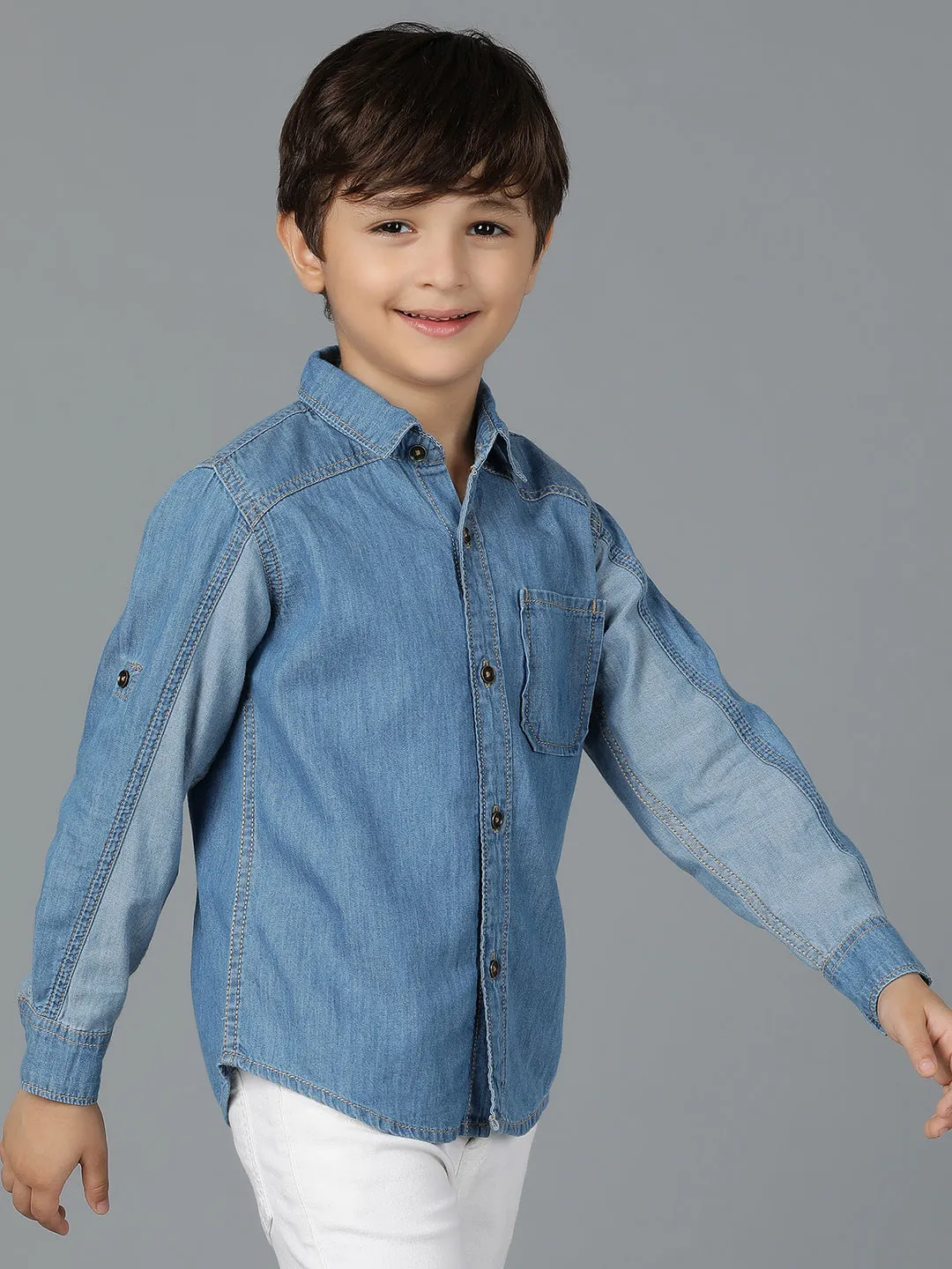 Boys Light Blue Denim Cotton Regular Fit Shirt