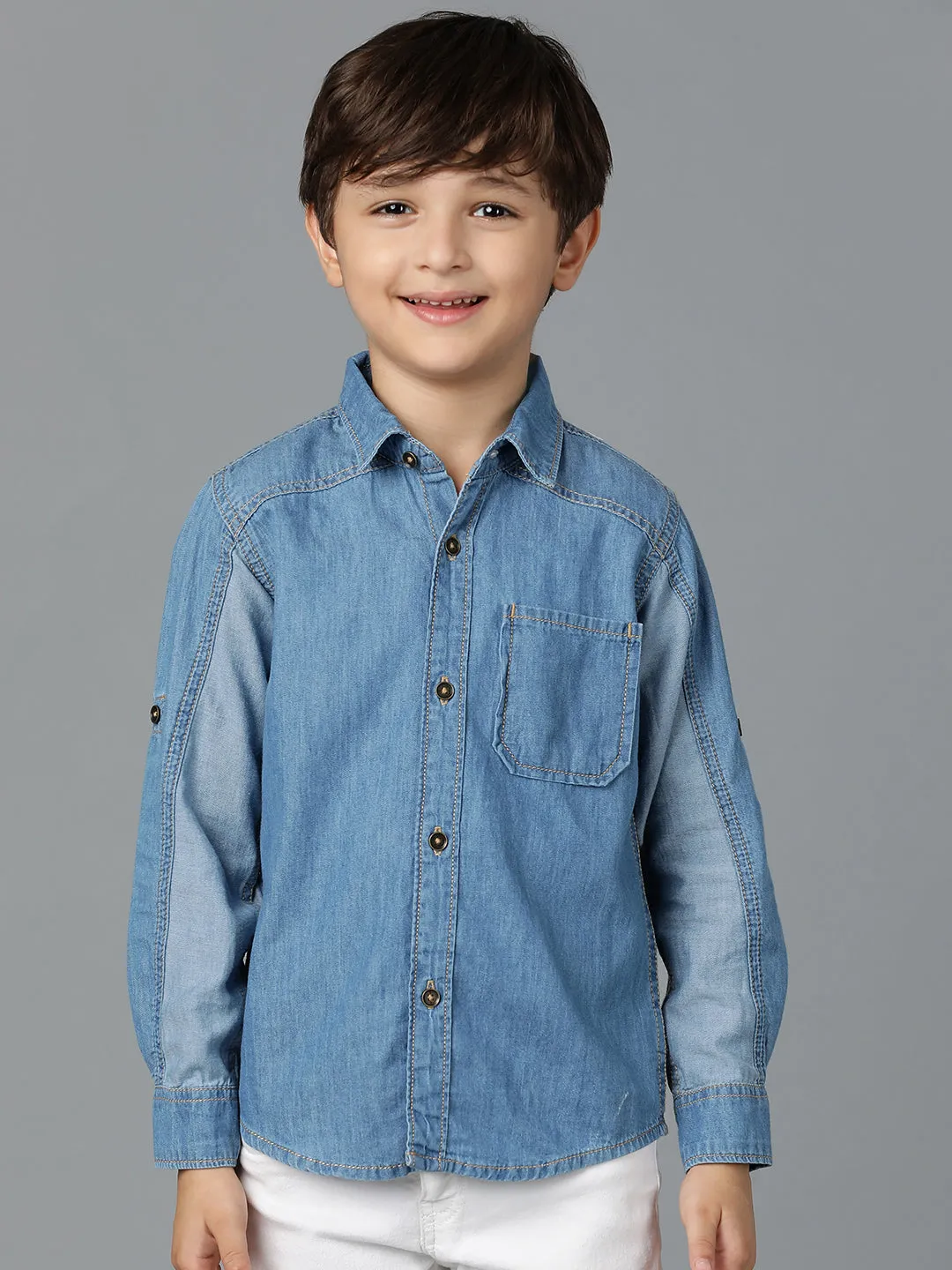 Boys Light Blue Denim Cotton Regular Fit Shirt