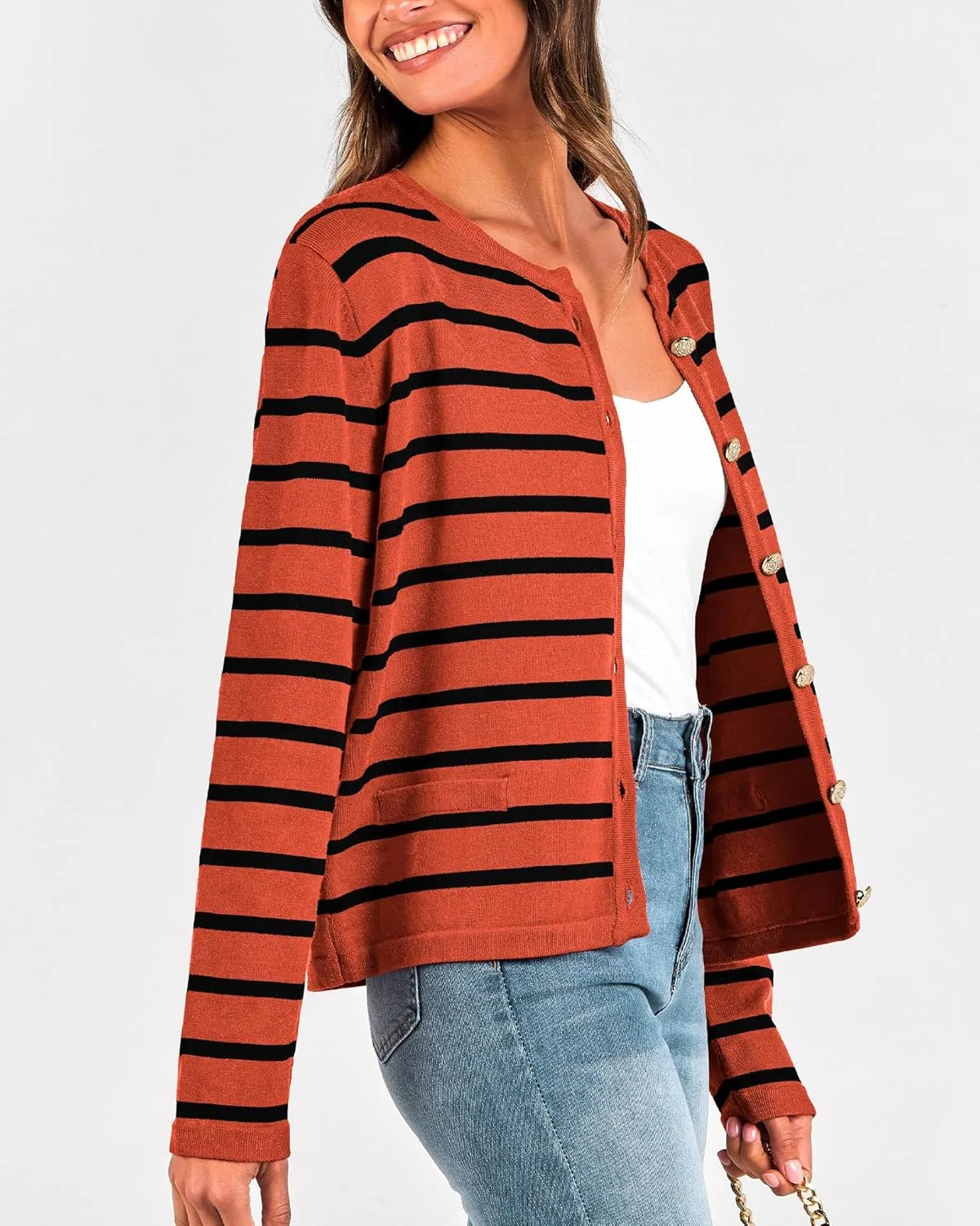 BTFBM Women's Cardigans Sweater 2024 Fall Striped Long Sleeve Button Down Crop Open Front Knit Outerwear Deco Pockets