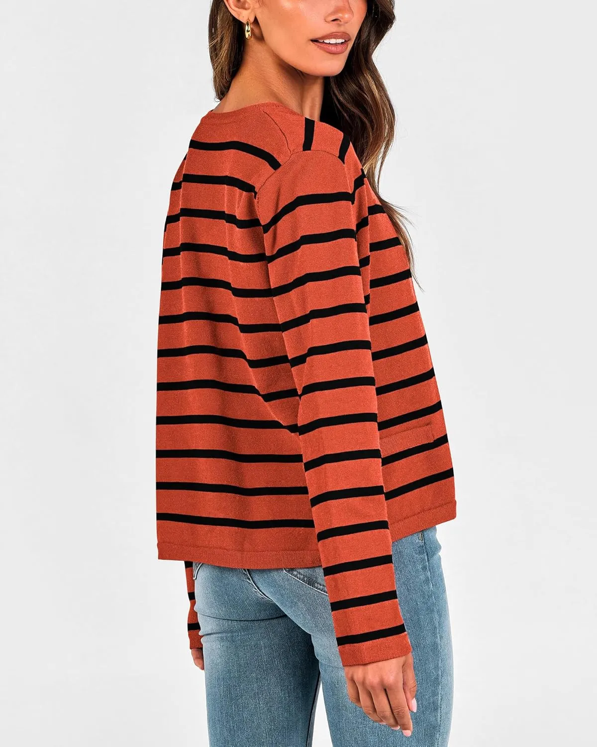 BTFBM Women's Cardigans Sweater 2024 Fall Striped Long Sleeve Button Down Crop Open Front Knit Outerwear Deco Pockets