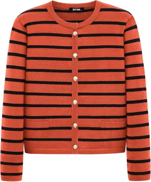 BTFBM Women's Cardigans Sweater 2024 Fall Striped Long Sleeve Button Down Crop Open Front Knit Outerwear Deco Pockets