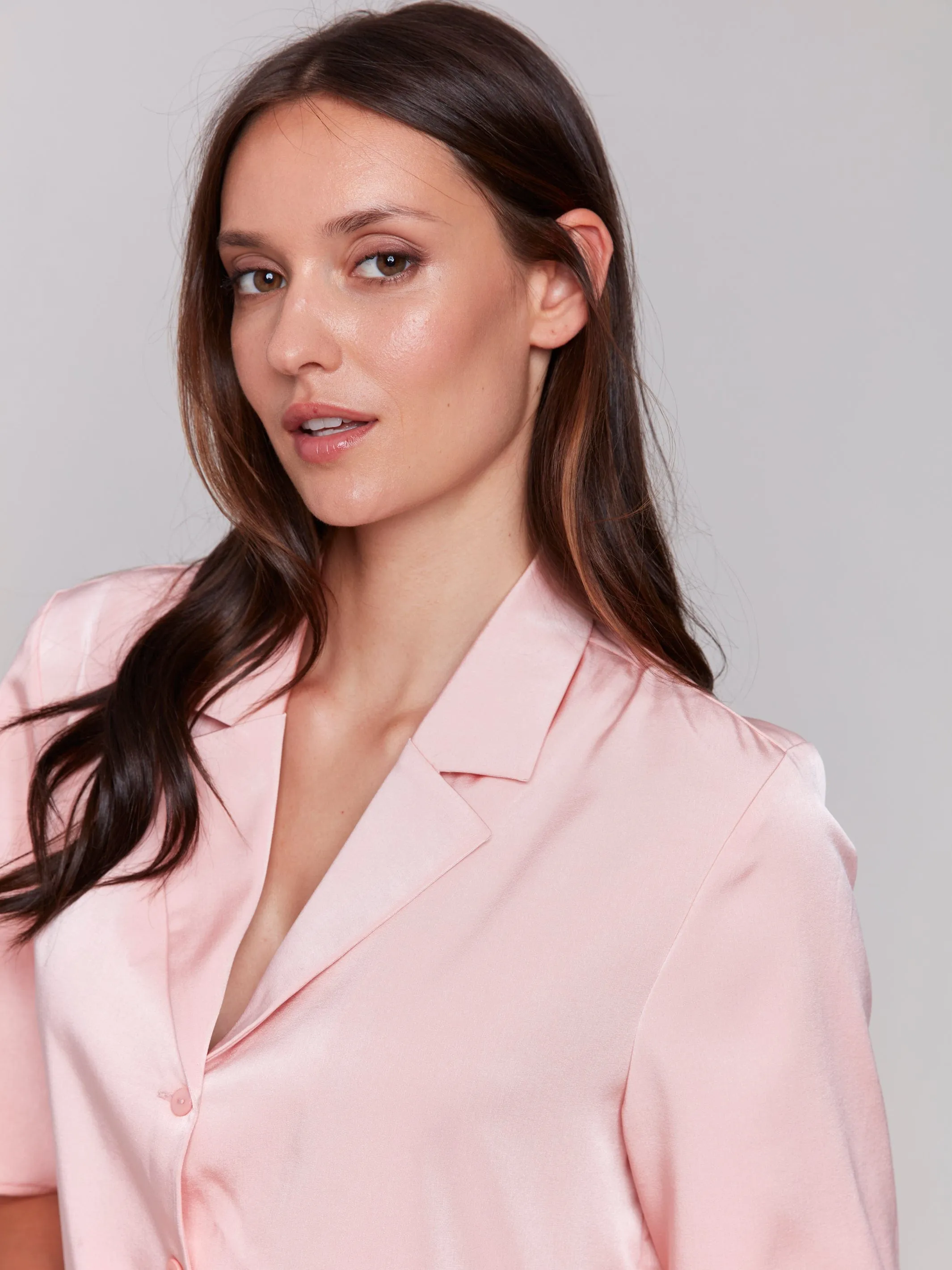 Charlie B Short Sleeve Tailored Collared Button Up Blouse - C4607