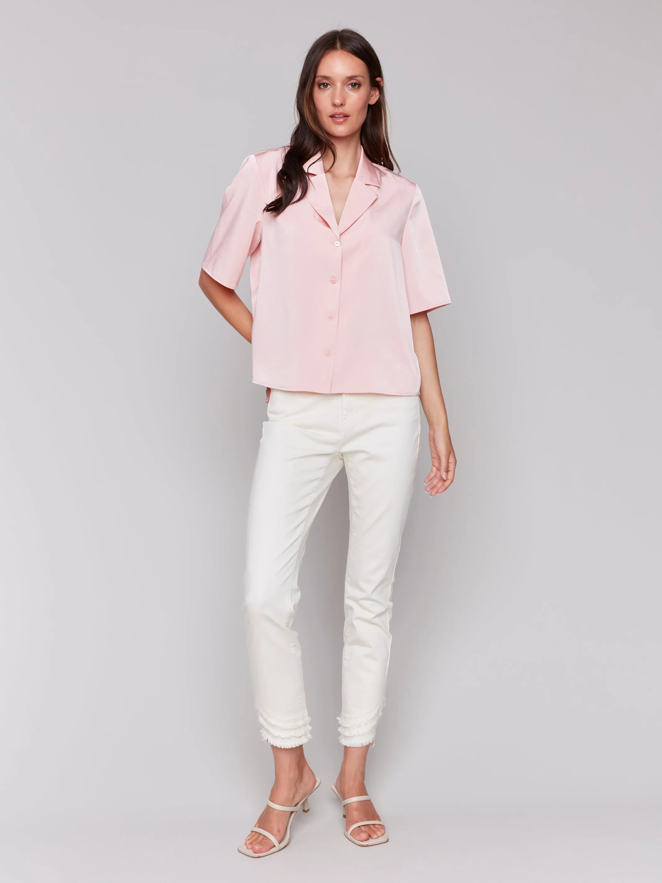 Charlie B Short Sleeve Tailored Collared Button Up Blouse - C4607