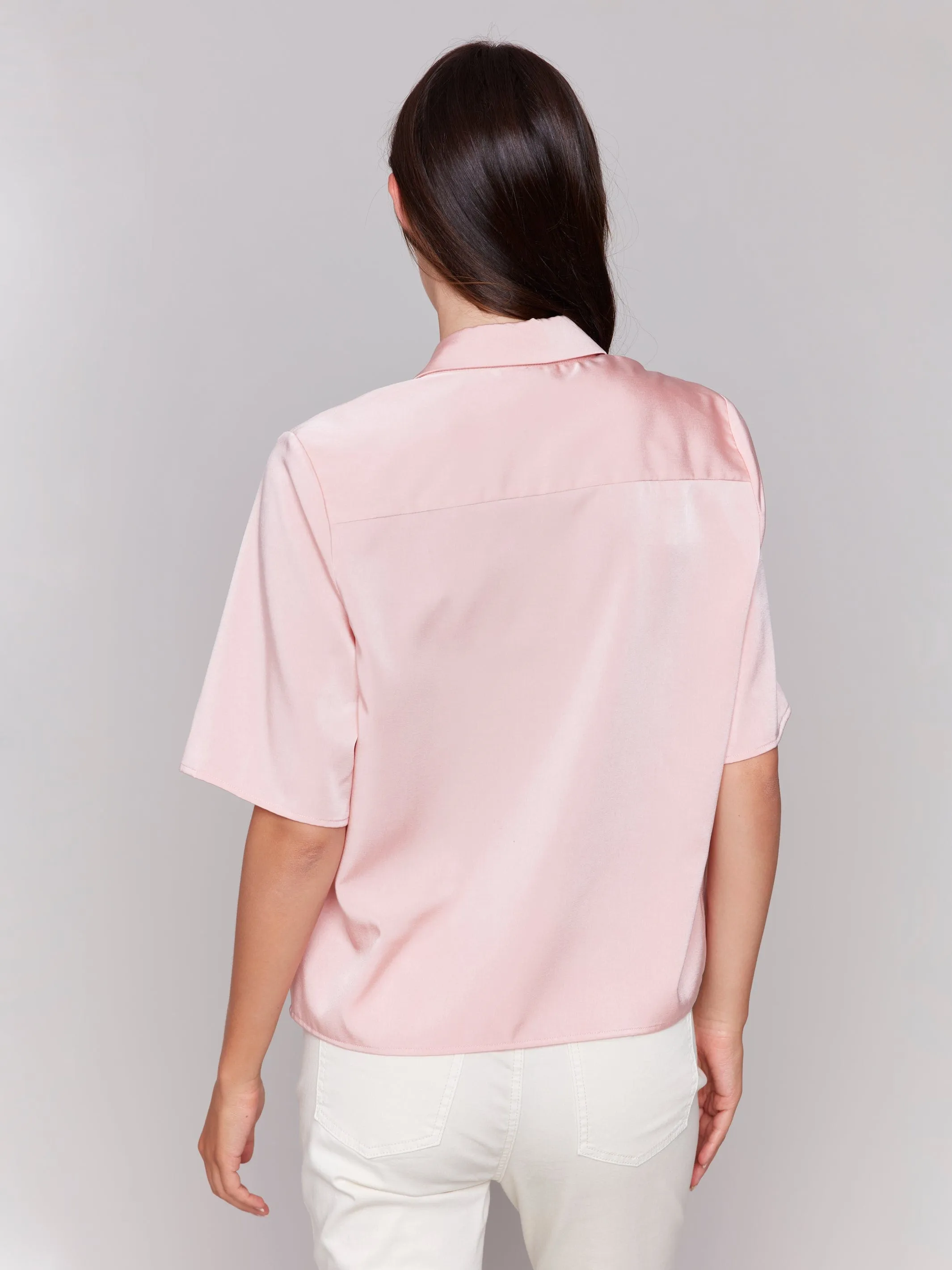 Charlie B Short Sleeve Tailored Collared Button Up Blouse - C4607