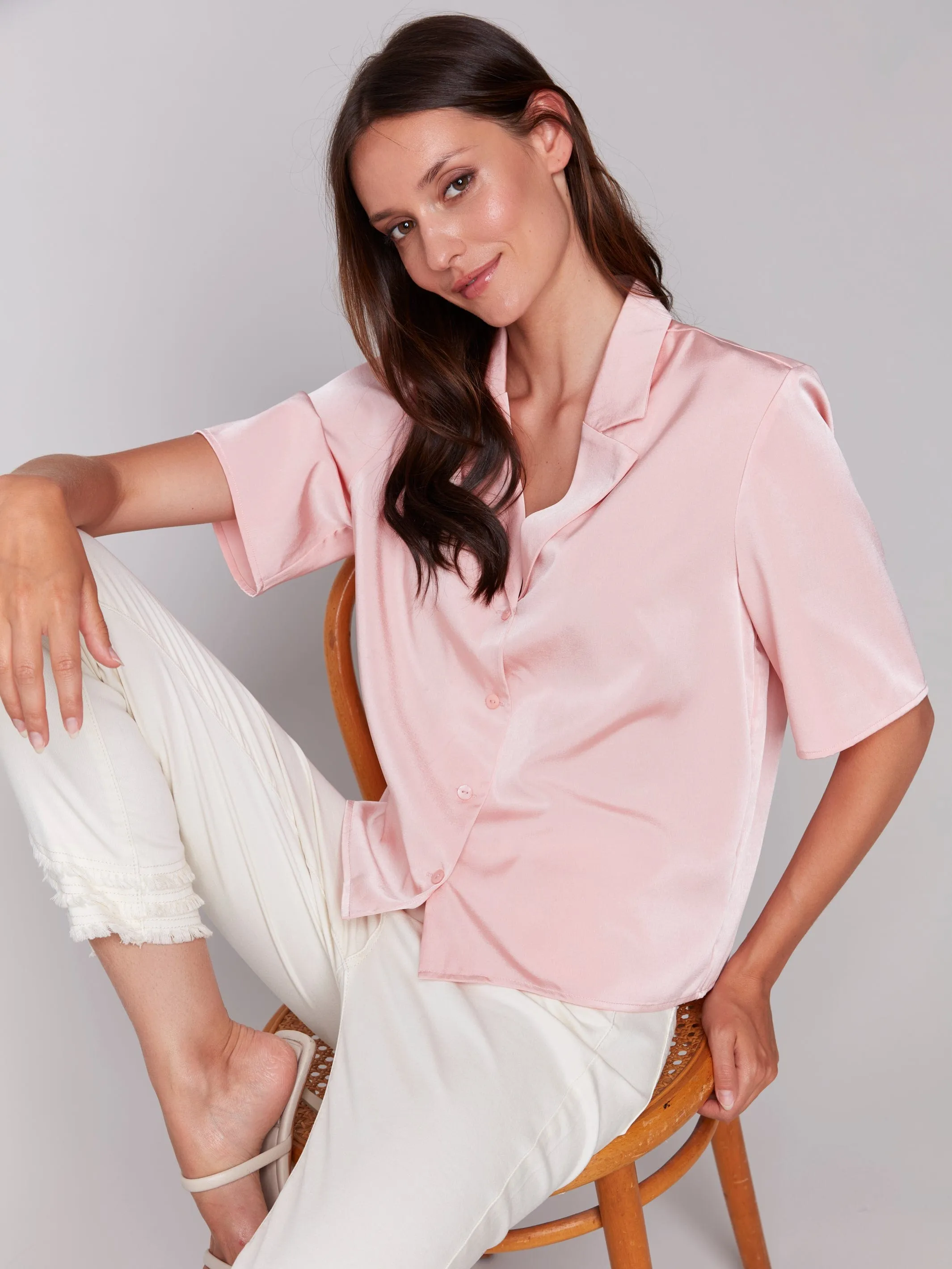 Charlie B Short Sleeve Tailored Collared Button Up Blouse - C4607