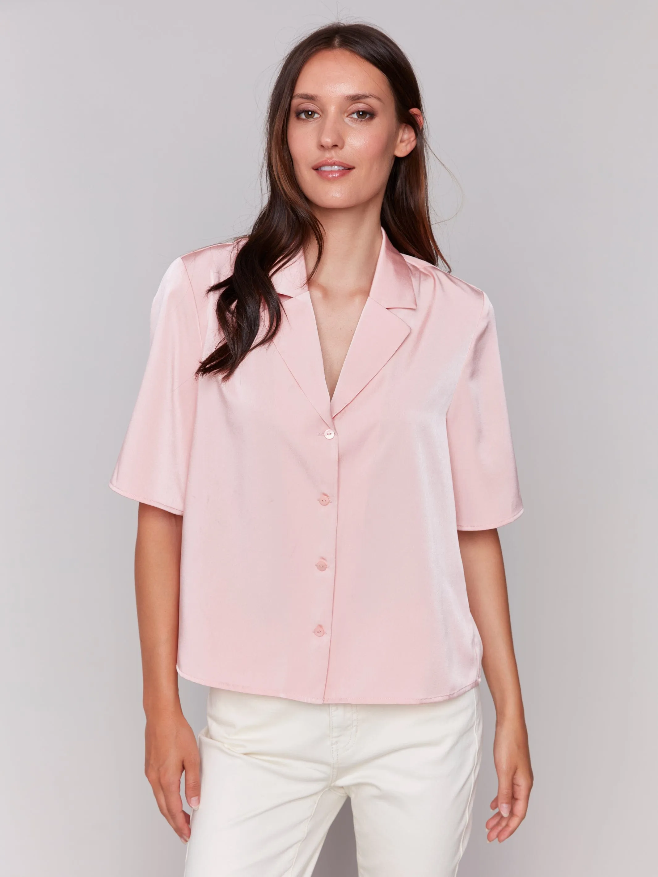 Charlie B Short Sleeve Tailored Collared Button Up Blouse - C4607