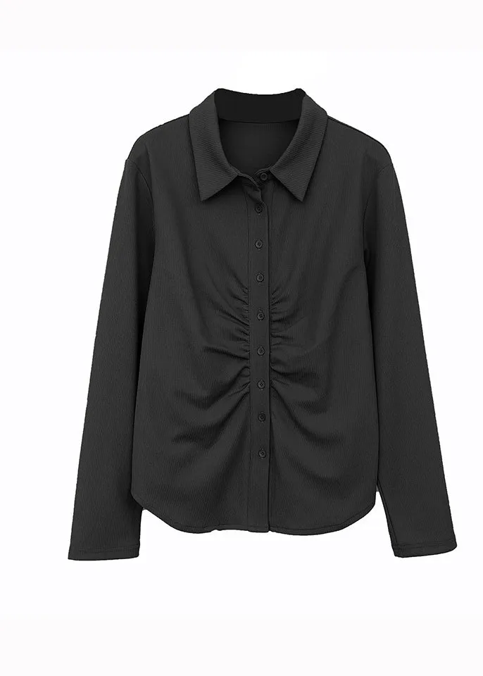 Chic Black Peter Pan Collar Patchwork Cotton Shirts Tops Fall