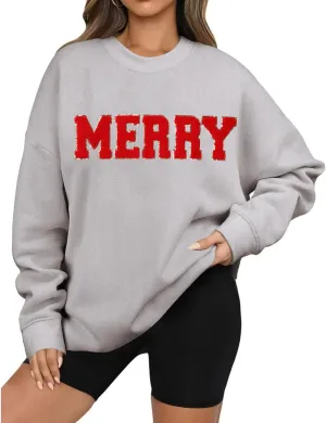 Christmas Sweatshirts for Women 2024 Oversized Merry Sweatshirt Long Sleeve Crewneck Sweatshirt Pullover Xmas Tops