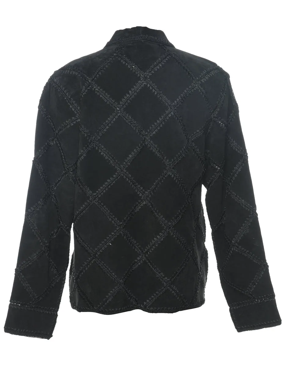 Dress Barn Black Embroidered Zip-Front Suede Jacket - S