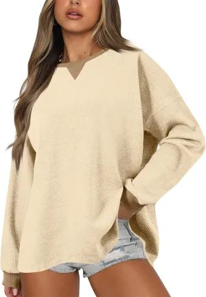 GOFULY Women'S Crewneck Sweatshirts Lightweight Waffle Knit Shirts Long Sleeve Fall Pullover Ribbed Color Block Sweatshirt