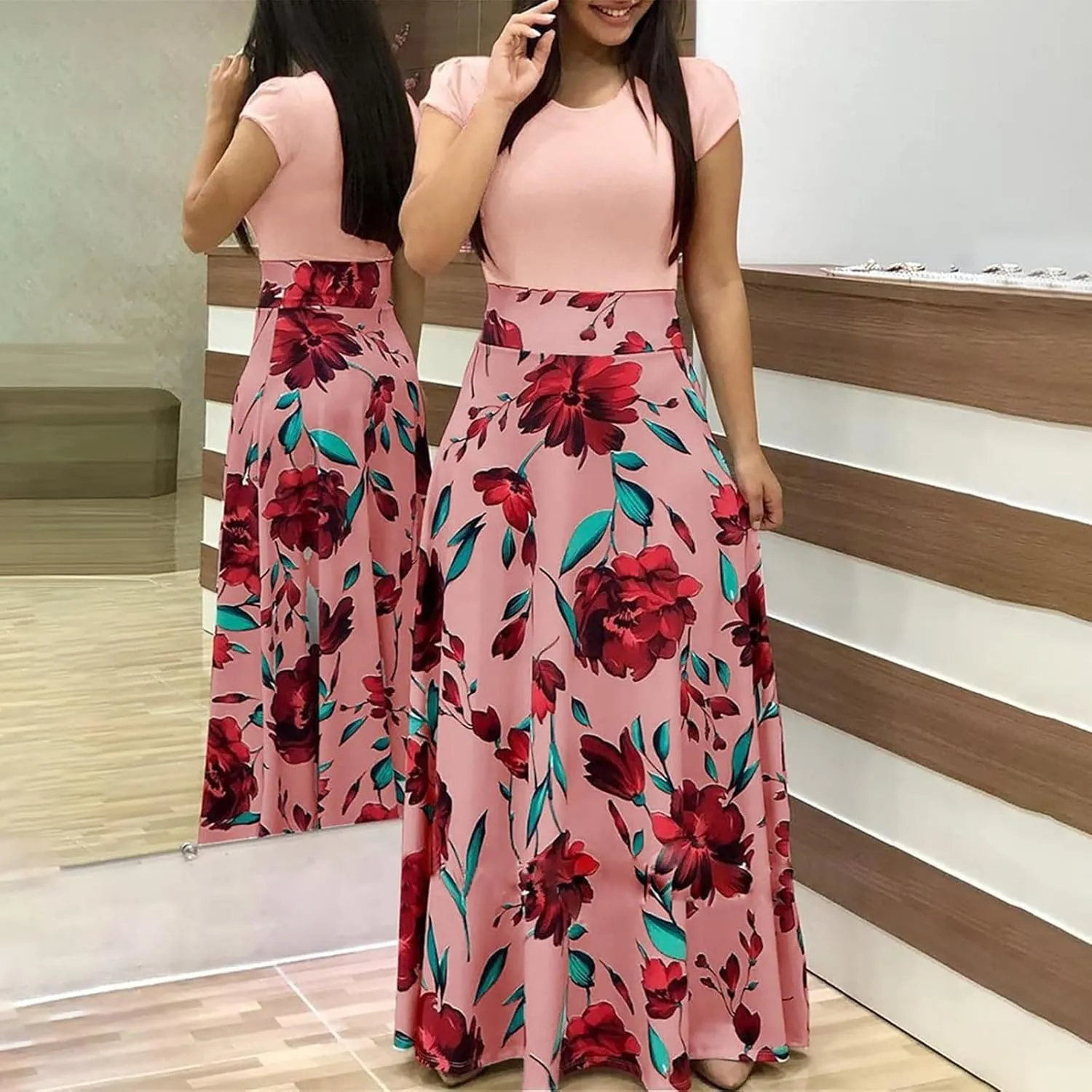 GOKKILRW Maxi Dresses for Women Wedding Guest High Waist Party Evening Maxi Dress Casual Loose Short Sleeve Beach Dresses