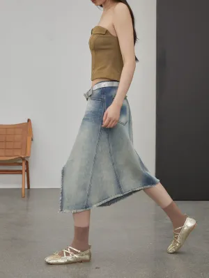 Heavy Washed Blue Denim Midi Skirt