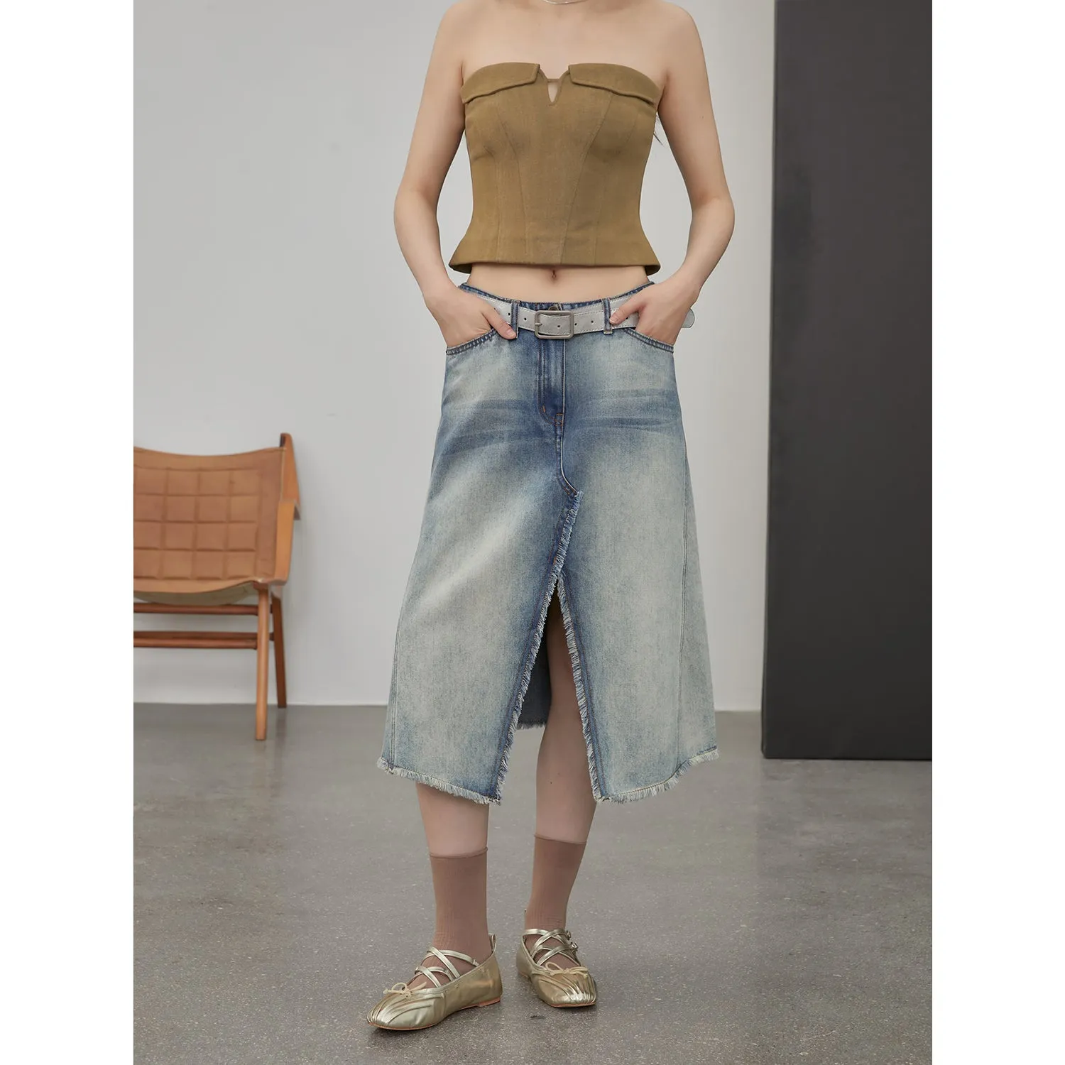 Heavy Washed Blue Denim Midi Skirt