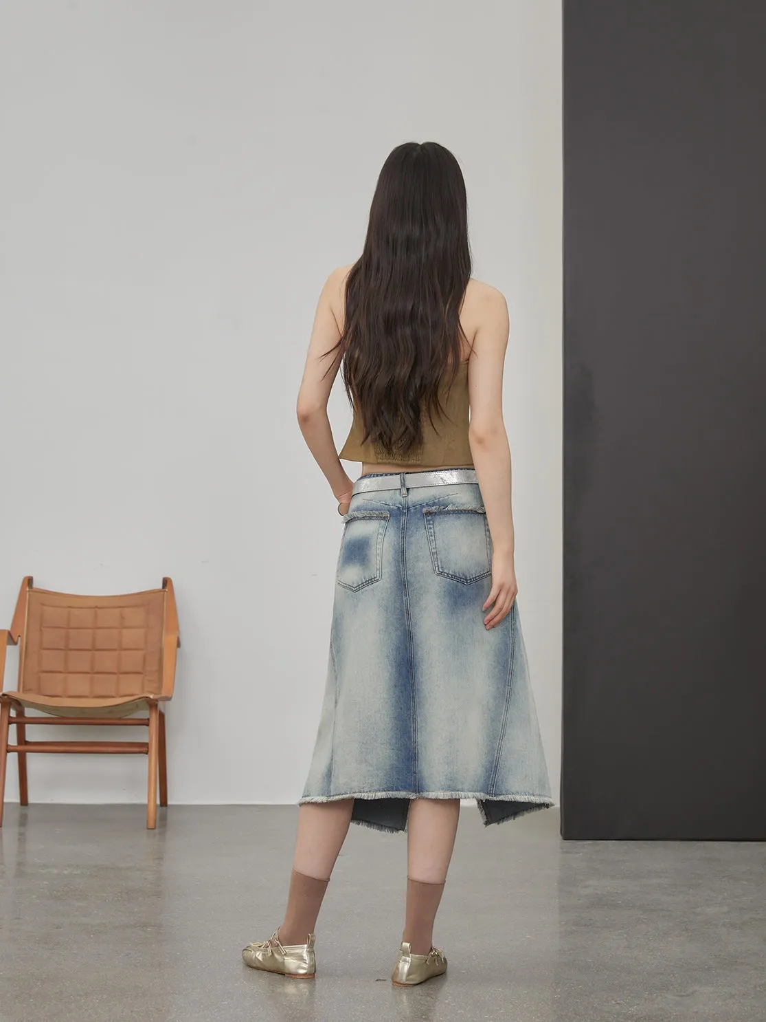 Heavy Washed Blue Denim Midi Skirt