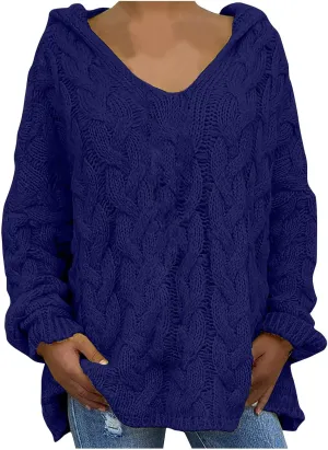 HGps8w Women's Oversized V Neck Hoodie Sweater Tops Chunky Cable Knit Long Sleeve Loose Solid Color Pullovers