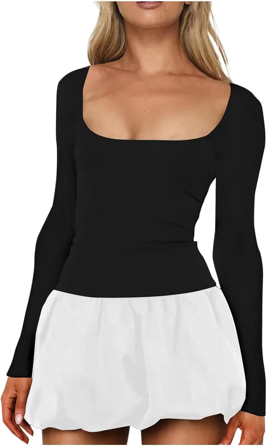 hlysgo Mini Dresses for Women Summer Casual Slim Fit Long Sleeve Scoop Neck Short Dress Trendy Patchwork A-Line Beach Dress