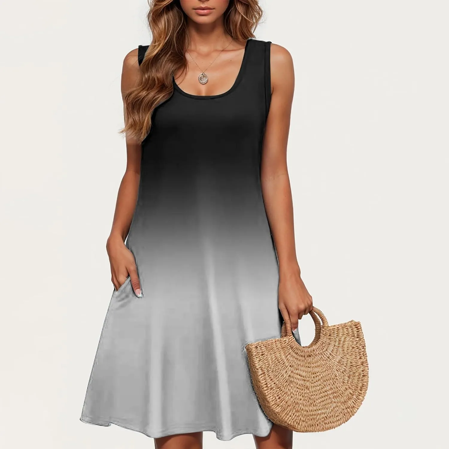 hlysgo Petite Dresses for Women with Pockets Summer Boho Sleeveless Crew Neck Mini Sundresses Trendy Beach Coverup Dress