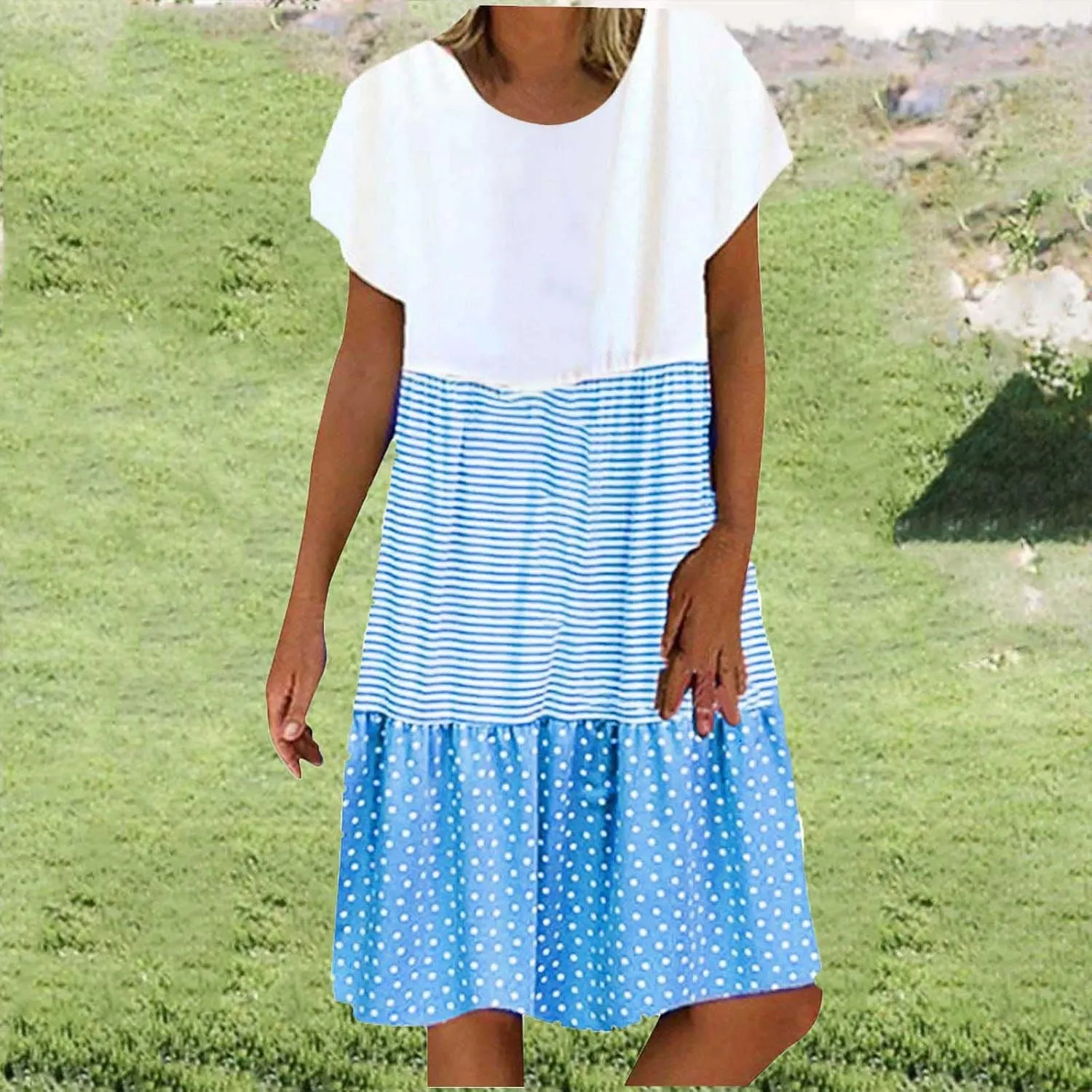 hlysgo Womens Summer Dress 2025 Casual Short Sleeve Crew Neck Mini Dresses Lightweight Plus Size Peplum Boho Beach Dress