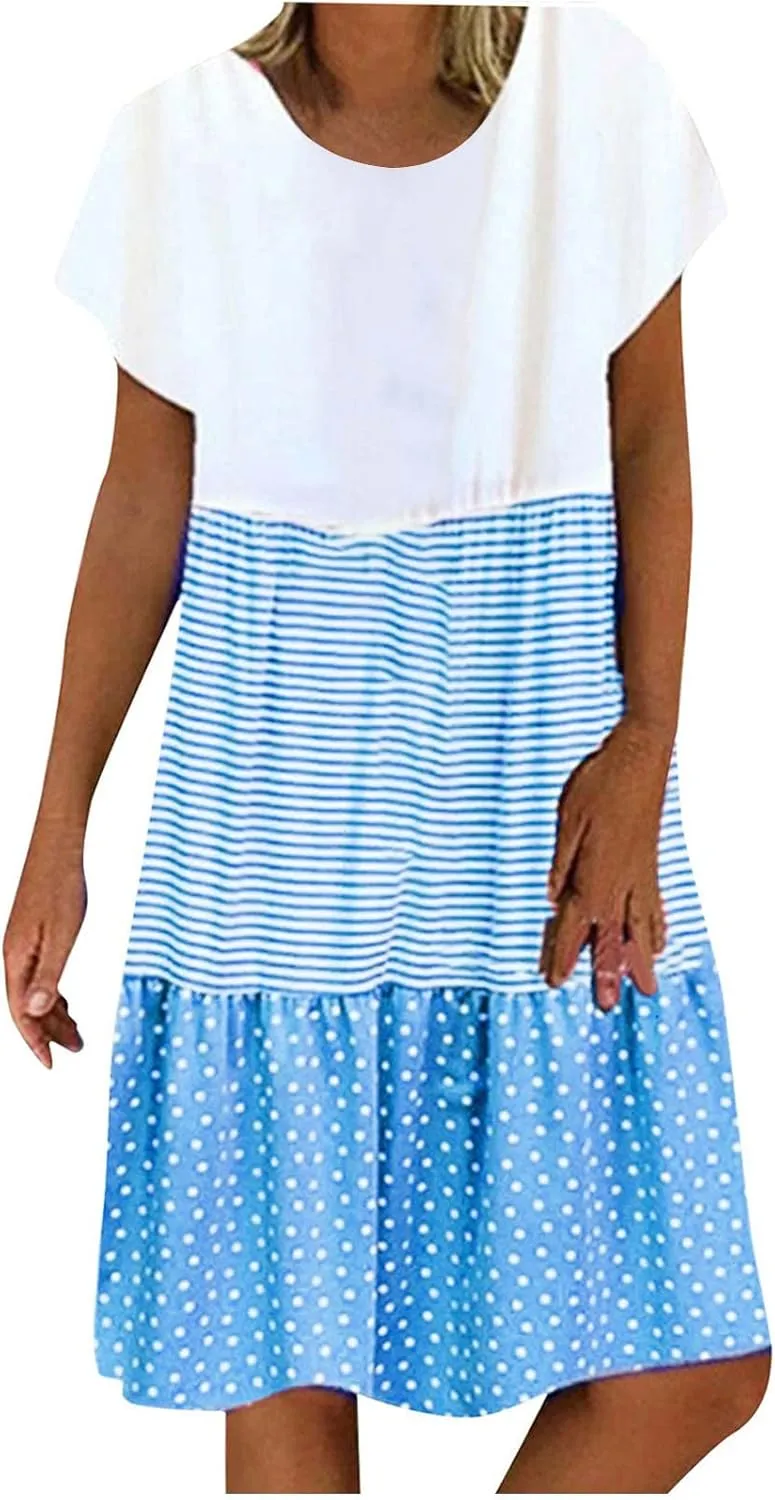 hlysgo Womens Summer Dress 2025 Casual Short Sleeve Crew Neck Mini Dresses Lightweight Plus Size Peplum Boho Beach Dress