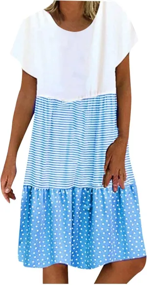 hlysgo Womens Summer Dress 2025 Casual Short Sleeve Crew Neck Mini Dresses Lightweight Plus Size Peplum Boho Beach Dress