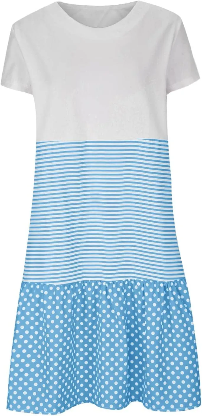 hlysgo Womens Summer Dress 2025 Casual Short Sleeve Crew Neck Mini Dresses Lightweight Plus Size Peplum Boho Beach Dress