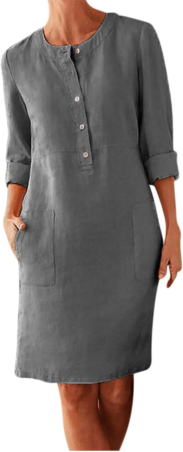 hlysgo Women's Summer Mini Dresses Trendy Cotton Linen Button Up Beach Dress Casual Long Sleeve Crew Neck Knee Length Dress