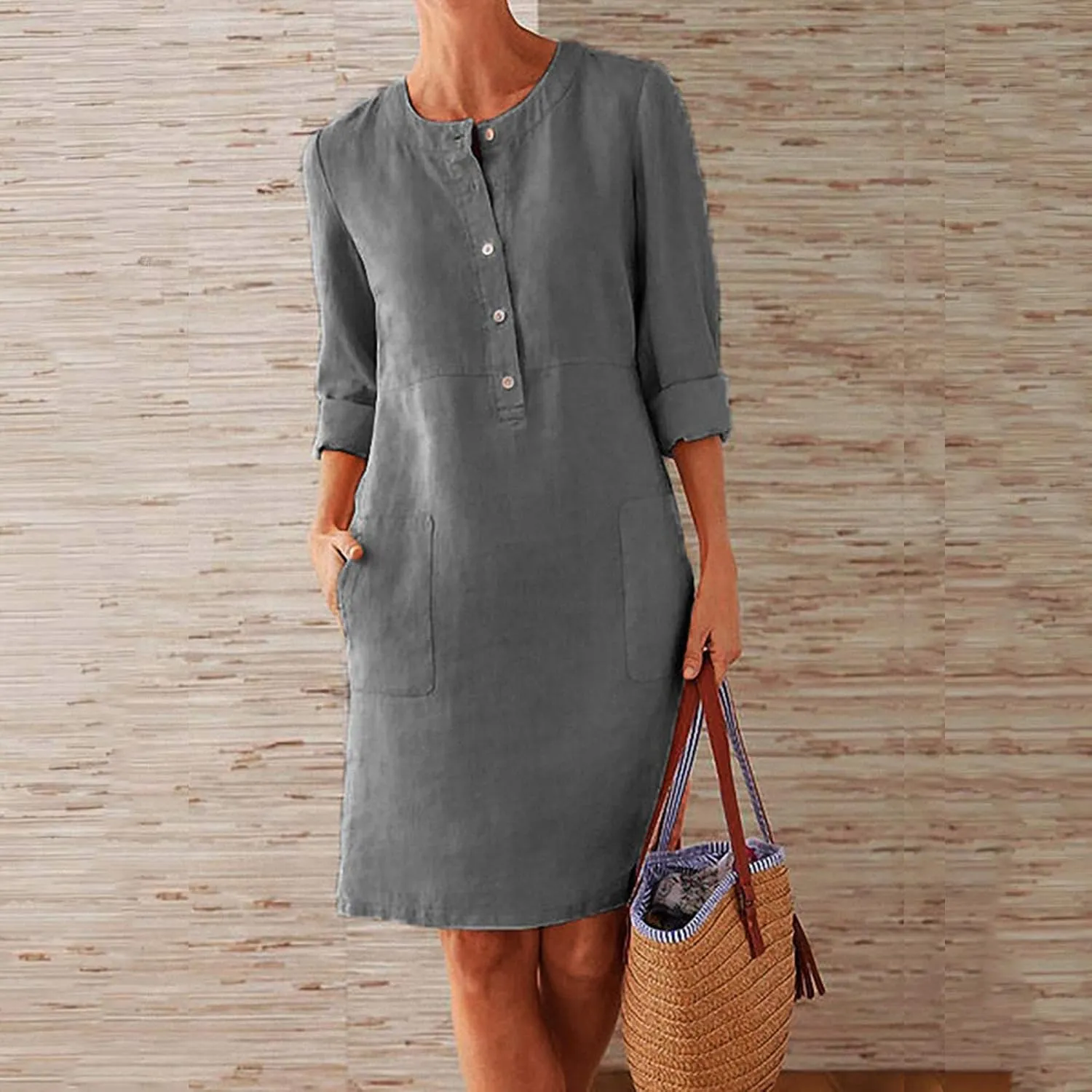 hlysgo Women's Summer Mini Dresses Trendy Cotton Linen Button Up Beach Dress Casual Long Sleeve Crew Neck Knee Length Dress