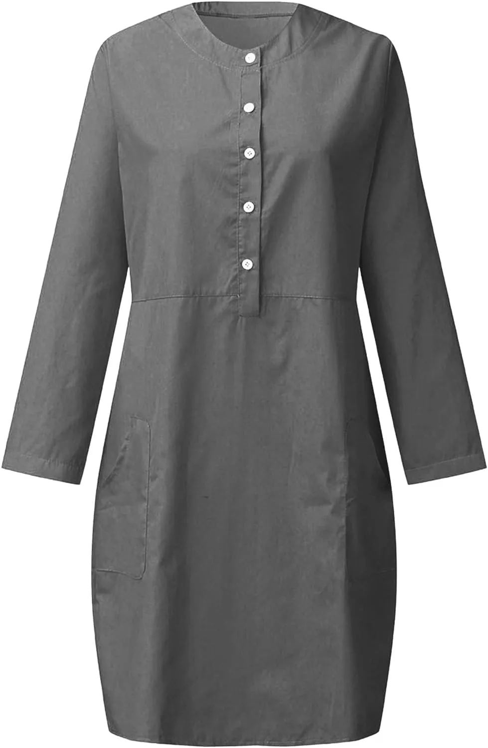 hlysgo Women's Summer Mini Dresses Trendy Cotton Linen Button Up Beach Dress Casual Long Sleeve Crew Neck Knee Length Dress