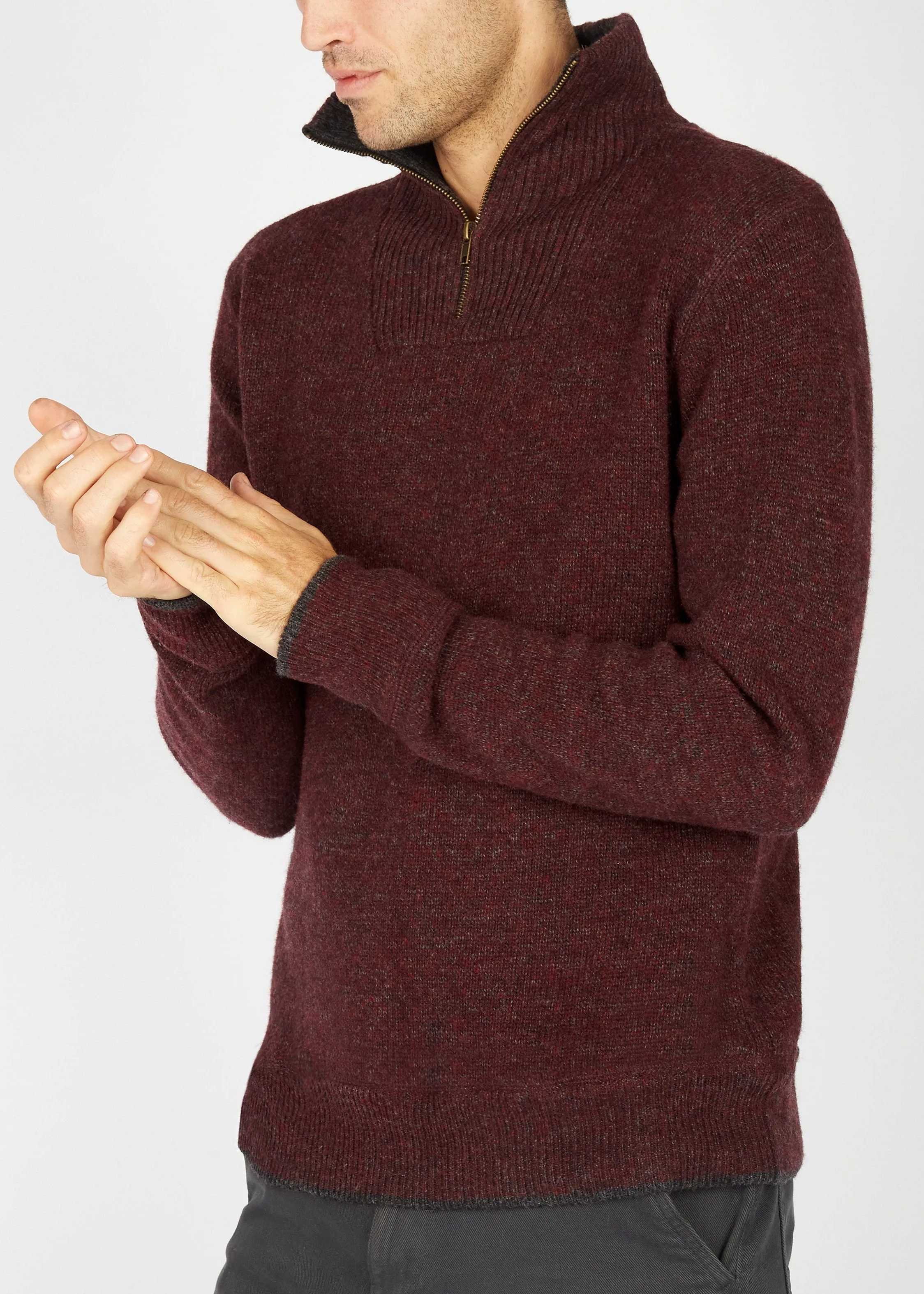 IrelandsEye Men's Lambswool Zip Sweater | Claret