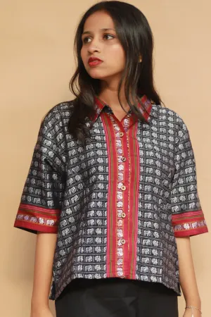 Kanaka | Khunn Cropped Shirt | Noir & Silver Elephants