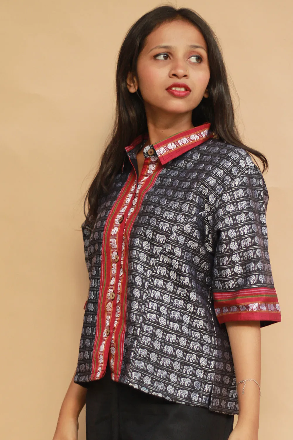 Kanaka | Khunn Cropped Shirt | Noir & Silver Elephants