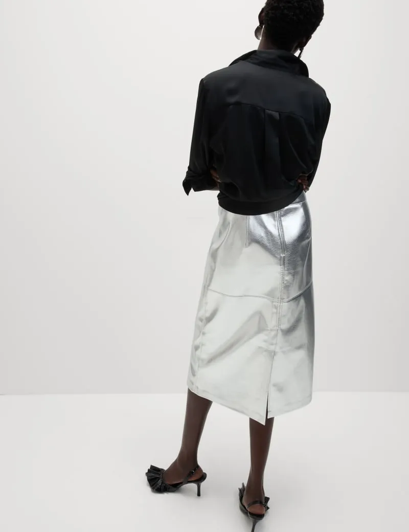 Leather Look Metallic Midi A-Line Skirt