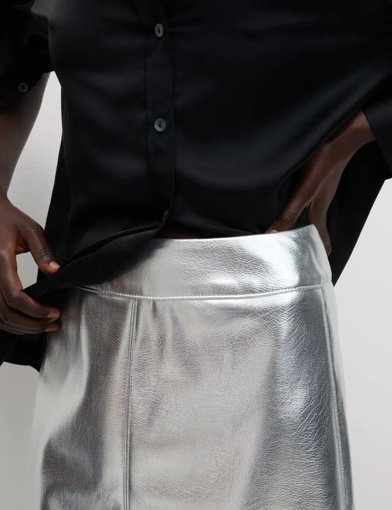 Leather Look Metallic Midi A-Line Skirt