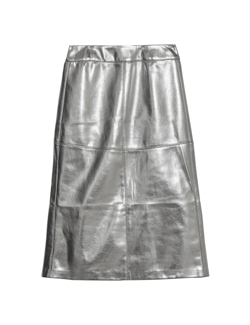 Leather Look Metallic Midi A-Line Skirt