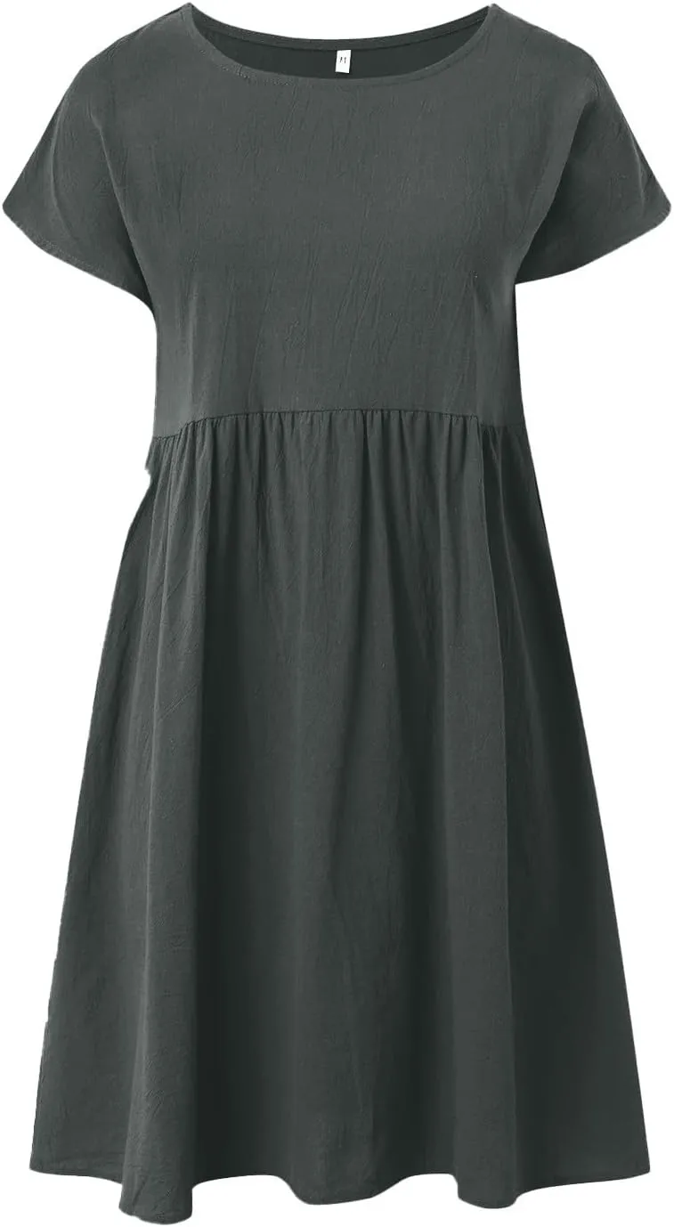 Linen Dresses for Women Casual Midi Elegant Dresses Plus Size Short Sleeves Dress Sundress with Pockets 2025 Summer