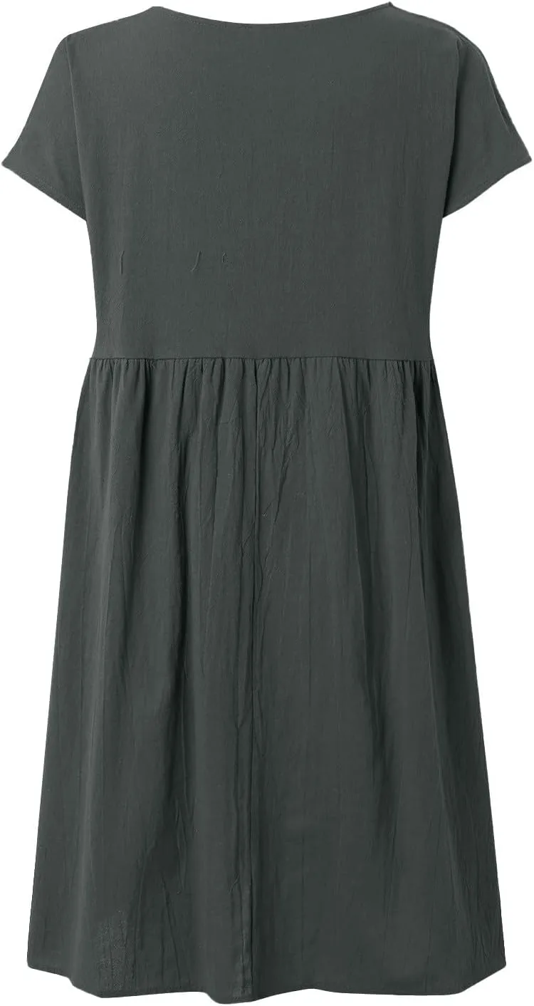 Linen Dresses for Women Casual Midi Elegant Dresses Plus Size Short Sleeves Dress Sundress with Pockets 2025 Summer