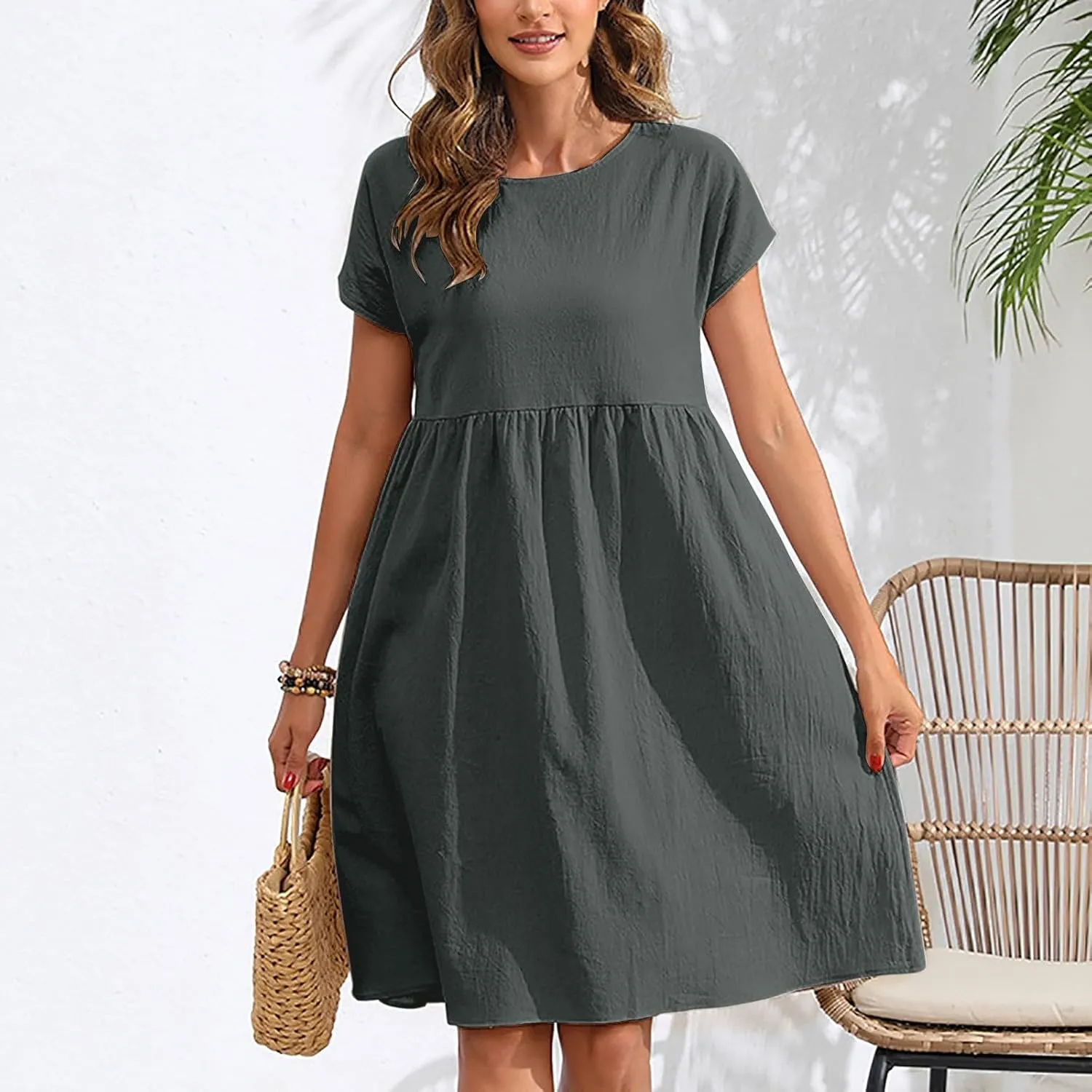 Linen Dresses for Women Casual Midi Elegant Dresses Plus Size Short Sleeves Dress Sundress with Pockets 2025 Summer