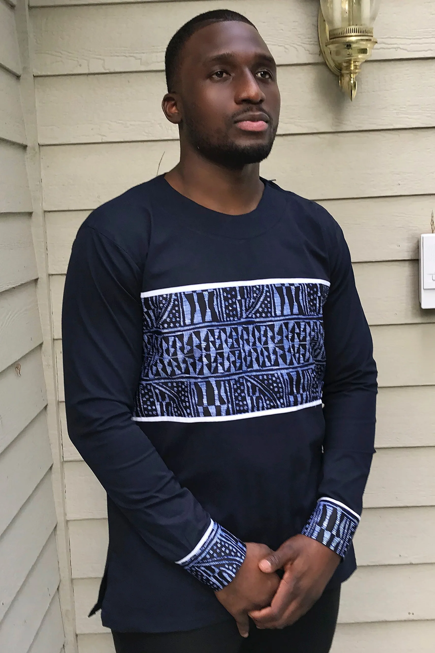 Navy Ndop Long Sleeves African Print Shirt for Men